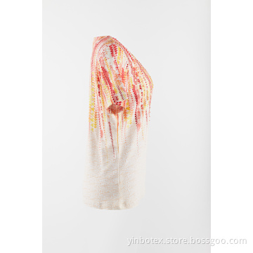 Ladies print and handmade beads T shirt